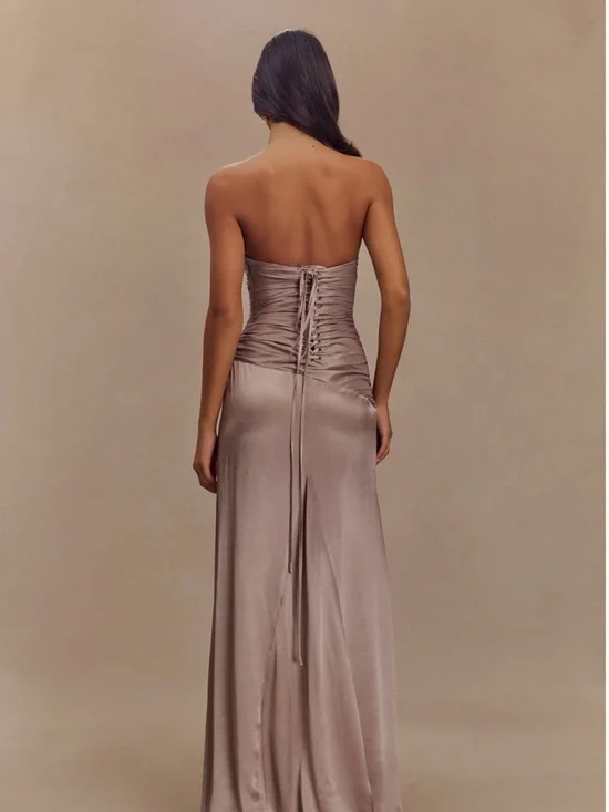 Meshki Strapless Satin Gown in Taupe - Picture 2 of 3